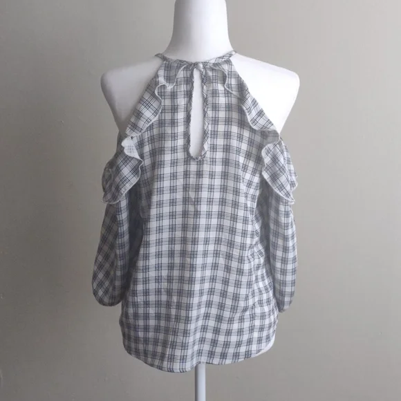 Gilly off-the-shoulder top with sleeves. Size S Blue/white plaid. 100% polyester - Picture 6 of 8